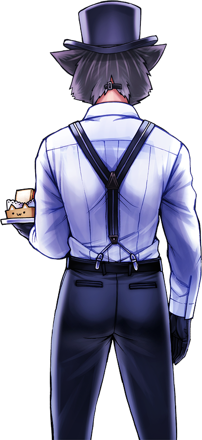 1boy :3 alpha_transparency black_gloves black_pants chiba_toshirou commentary_request cowboy_shot from_behind gloves grand_theft_auto grand_theft_auto_v hat holding holding_tray male_focus original pants solo suspenders top_hat transparent_background tray wolf_mask