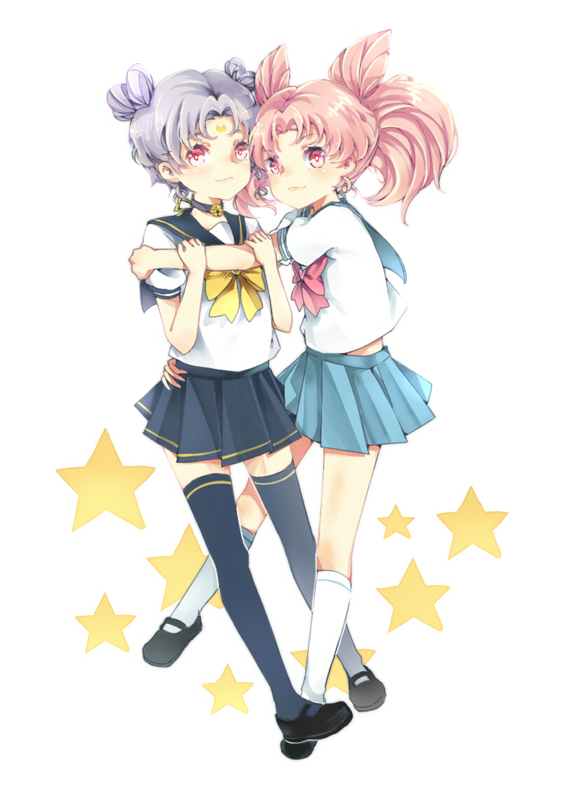 2girls bad_id bad_pixiv_id bell bishoujo_senshi_sailor_moon bishoujo_senshi_sailor_moon_stars bishoujo_senshi_sailor_moon_supers black_footwear black_skirt black_socks blue_sailor_collar blue_skirt blush bow captain_yue chibi_usa choker collar cone_hair_bun crescent crescent_facial_mark diana_(sailor_moon) diana_(sailor_moon)_(human) double_bun duizhang facial_mark hair_bun hug kneehighs mary_janes multiple_girls neck_bell pink_eyes pink_hair pleated_skirt purple_hair sailor_collar school_uniform serafuku shoes short_hair short_sleeves short_twintails simple_background skirt socks star_(symbol) thighhighs twintails white_background white_legwear