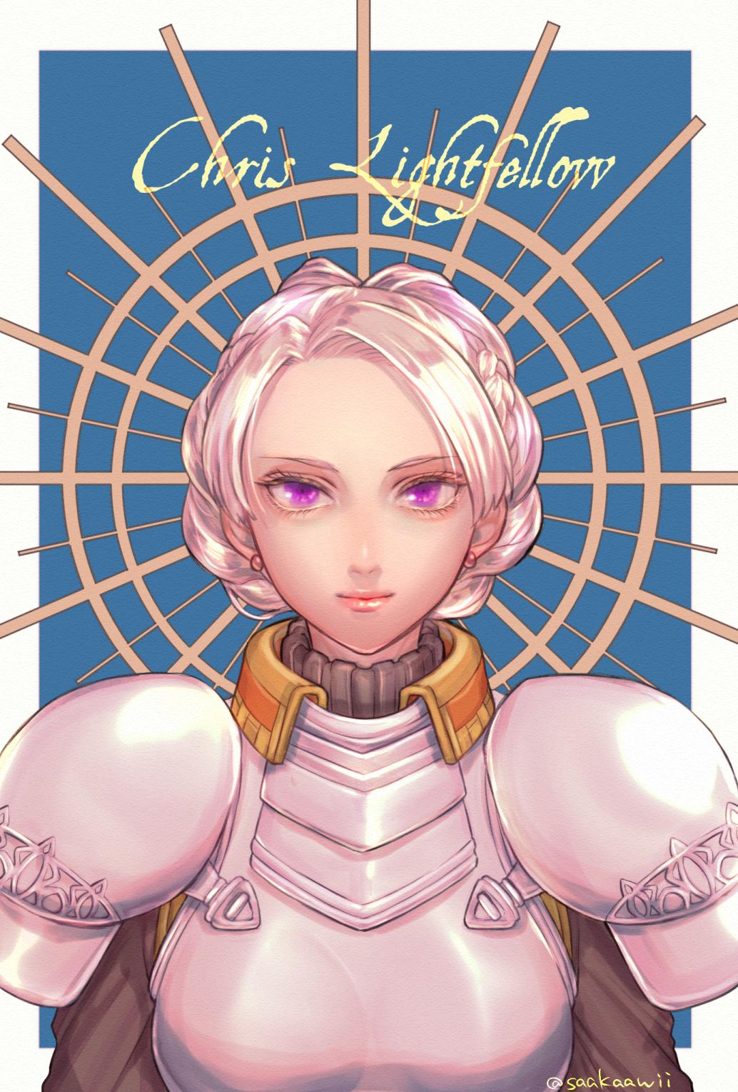 1girl armor braid chris_lightfellow closed_mouth earrings french_braid gensou_suikoden gensou_suikoden_iii highres jewelry looking_at_viewer purple_eyes sakai_(motomei) short_hair silver_hair smile solo