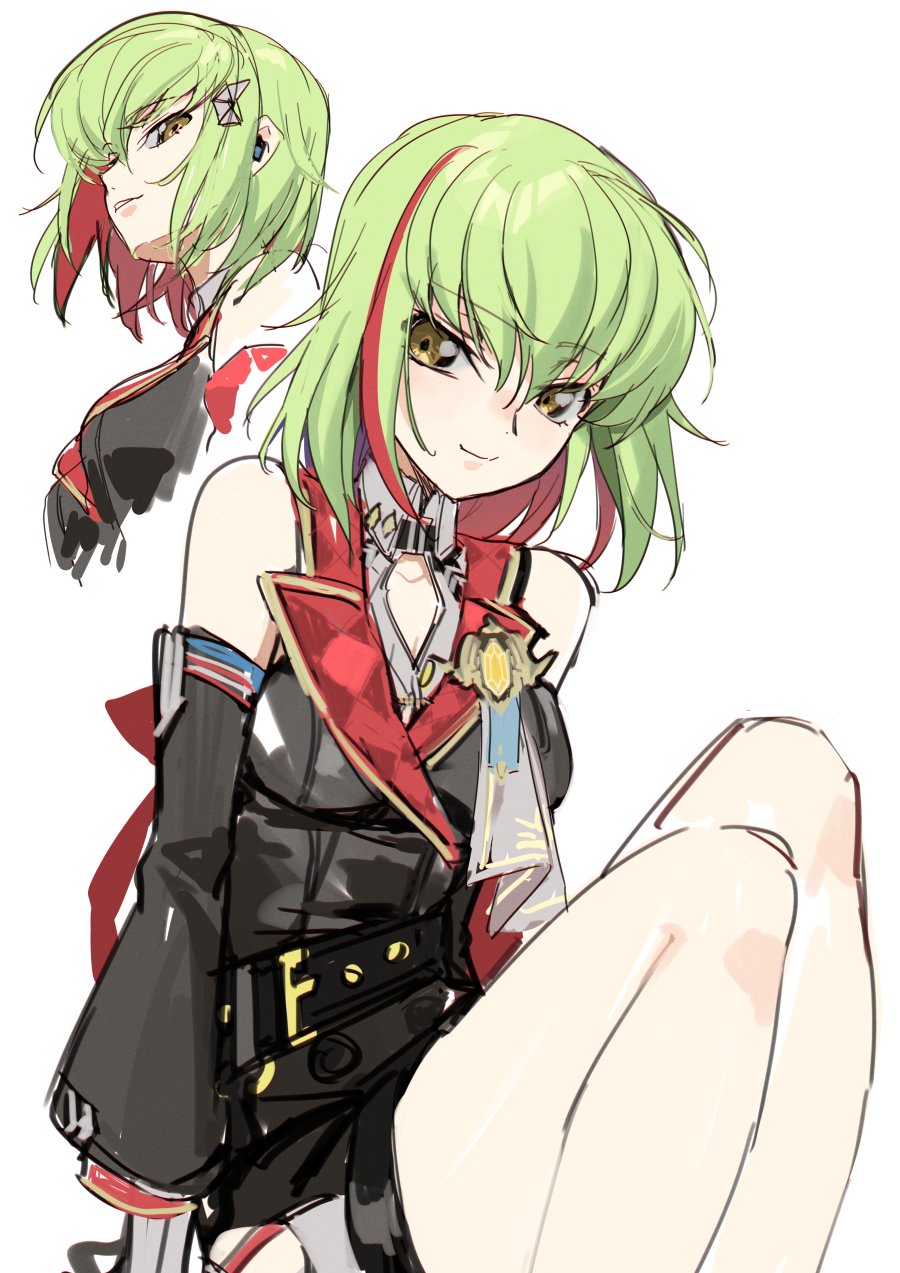 1girl bare_shoulders breasts c.c. code_geass cosplay creayus detached_sleeves green_hair highres honkai:_star_rail honkai_(series) looking_at_viewer medium_breasts multicolored_hair multiple_views red_hair shirt short_hair simple_background smile topaz_(honkai:_star_rail) topaz_(honkai:_star_rail)_(cosplay) yellow_eyes