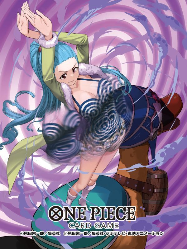 1girl adachi_yousuke animal arms_up bird blue_hair boots brown_eyes camisole coat colored_smoke commentary_request copyright_name duck green_coat karoo_(one_piece) light_blue_hair long_sleeves nefertari_vivi official_art on_animal one_piece one_piece_card_game ponytail short_shorts shorts smile smoke solo white_boots white_shorts