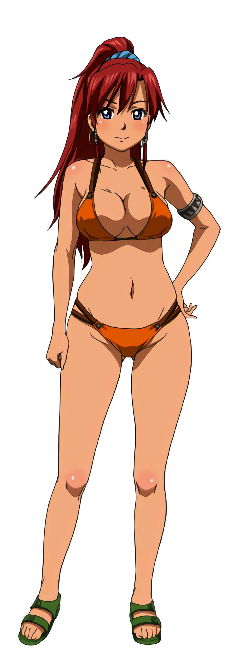 1girl absurdres bellows_(suisei_no_gargantia) bikini blue_eyes breasts cleavage feet hand_on_own_hip highres large_breasts navel official_art orange_bikini ponytail red_hair sandals smile solo suisei_no_gargantia swimsuit thighhighs