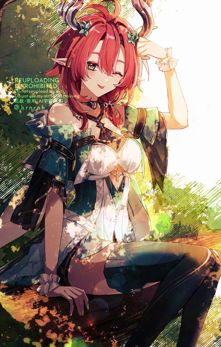 1girl :p bare_shoulders black_choker breasts choker ciaccona_(wuthering_waves) commentary cutout_above_navel dress green_eyes green_jacket green_thighhighs hair_between_eyes haruna_(hrnrnh) highres jacket large_breasts looking_at_viewer one_eye_closed pointy_ears red_hair sidelocks sitting solo tacet_mark_(wuthering_waves) tehepero thighhighs thighs tongue tongue_out tree_horns white_dress wuthering_waves