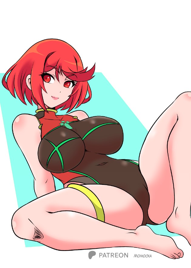 1girl arm_support barefoot breasts core_crystal_(xenoblade) large_breasts looking_at_viewer lying momocka-art nintendo one-piece_swimsuit pyra_(pro_swimmer)_(xenoblade) pyra_(xenoblade) red_eyes red_hair red_one-piece_swimsuit short_hair smile spread_legs swimsuit thigh_strap white_background xenoblade_chronicles_(series) xenoblade_chronicles_2