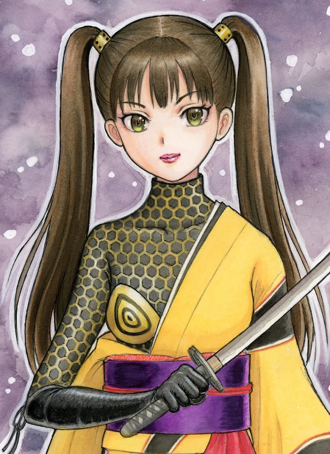 1girl asymmetrical_clothes black_gloves breasts brown_hair closed_mouth cof2toto eyelashes gloves green_eyes hachi_augment_01 hexagon_print holding holding_sword holding_weapon honeycomb_(pattern) japanese_clothes kamen_rider katana kimono long_hair long_sleeves looking_at_viewer obi pink_lips purple_sash ribbon sash shin_kamen_rider small_breasts smile solo sword tokusatsu traditional_media twintails two-tone_kimono weapon wide_sleeves yellow_kimono