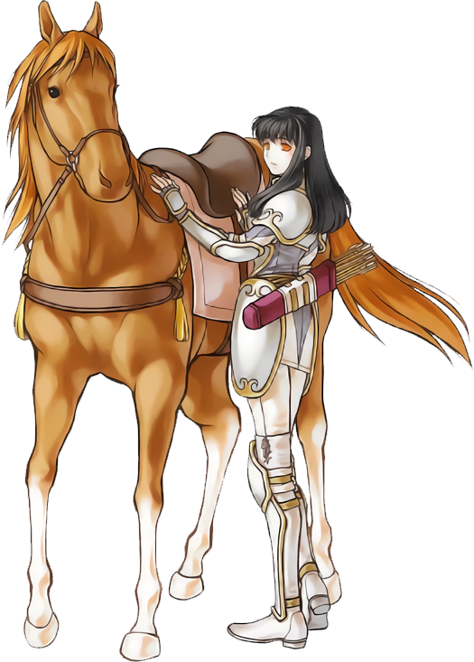 1girl armor arrow_(projectile) astrid_(fire_emblem) belt black_hair breastplate brown_eyes fingerless_gloves fire_emblem fire_emblem:_path_of_radiance full_body gloves horse kita_senri long_hair looking_at_viewer looking_back nintendo official_art pauldrons quiver saddle shoulder_armor