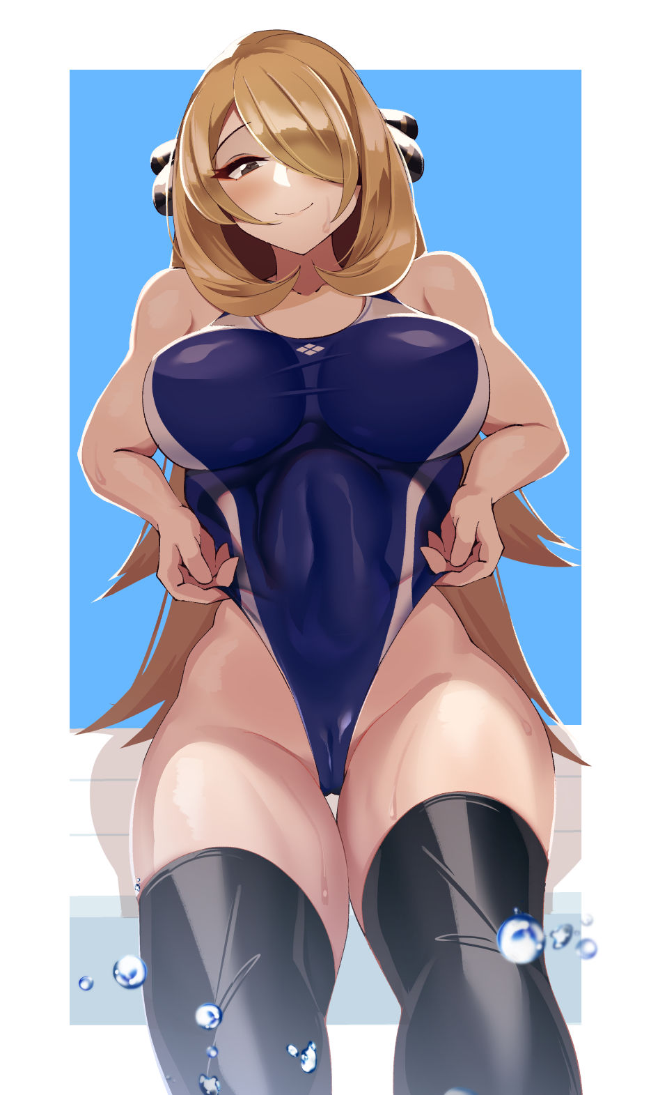 1girl bare_shoulders black_eyes black_thighhighs blonde_hair blue_one-piece_swimsuit blush breasts cameltoe competition_swimsuit covered_navel cynthia_(pokemon) eyeliner frontal_wedgie hair_ornament hair_over_one_eye highres looking_at_viewer makeup nintendo one-piece_swimsuit pokemon pokemon_dppt smile solo swimsuit swimsuit_tug thighhighs volyz water_drop wedgie