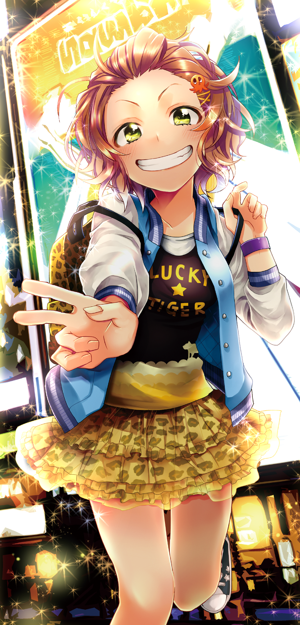 1girl ad animal_print backpack bag bare_legs black_shoes blush brown_hair buttons clenched_teeth clothes_writing collarbone commentary_request english_text fingernails foot_out_of_frame forehead hair_ornament hands_up highres holding holding_strap idol idolmaster idolmaster_cinderella_girls jacket leopard_print long_sleeves looking_at_viewer miniskirt multicolored_jacket multicolored_shirt namba_emi official_alternate_costume open_clothes open_jacket outdoors pocket shirt shoes short_hair skirt smile sneakers solo sparkle squid_hair_ornament standing standing_on_one_leg star_(symbol) straight-on teeth thighs v wristband yellow_eyes yellow_skirt yukko