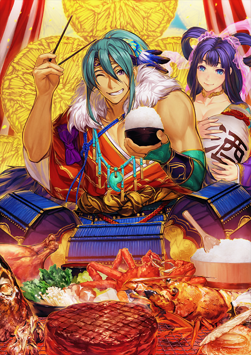 1boy 1girl ;d armor armored_gloves black_headband blue_eyes bowl breasts cape chopsticks cleavage closed_mouth collarbone double-parted_bangs elbow_gloves facial_scar fate/grand_order fate_(series) feather_hair_ornament feathers fingerless_gloves food food_request full_body fur_cape gloves green_gloves green_hair grin hadanugi_dousa hair_between_eyes hair_ornament hair_rings hand_up headband holding holding_bowl holding_chopsticks holding_food japanese_armor japanese_clothes jewelry kimono komedawara kusazuri legs_apart long_hair looking_at_viewer magatama magatama_necklace male_focus meat necklace official_art one_eye_closed open_kimono open_mouth pants pectorals ponytail purple_eyes purple_hair purple_pants red_kimono rice rice_bowl rope scar scar_on_cheek scar_on_face shamoji sidelocks simosi single_bare_shoulder single_glove sitting smile standing tasuki tawara_touta_(fate) teeth third-party_source toned toned_male wide_sleeves
