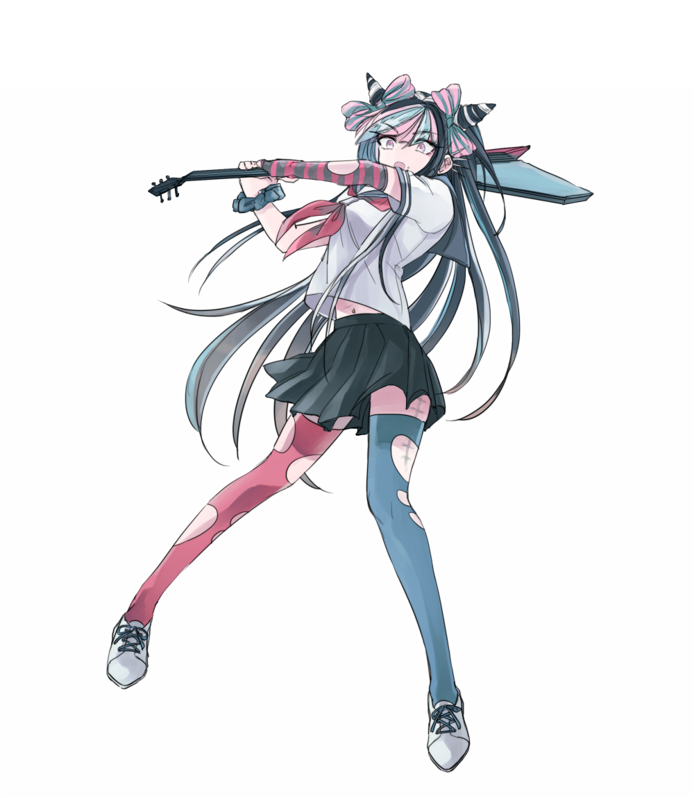 1girl asymmetrical_legwear black_hair black_scrunchie black_skirt blue_thighhighs danganronpa_(series) danganronpa_2:_goodbye_despair female_focus full_body goro_nyanko guitar hair_horns holding holding_instrument instrument jewelry long_hair mioda_ibuki mismatched_legwear multicolored_hair pink_eyes pink_hair pink_thighhighs ring school_uniform scrunchie serafuku short_sleeves skirt solo thighhighs torn_clothes torn_thighhighs white_hair wrist_scrunchie