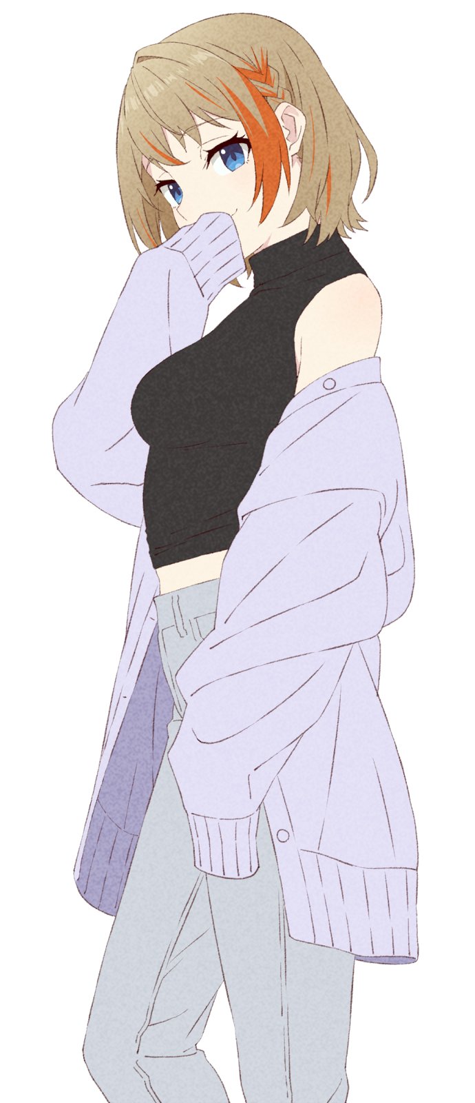 1girl akitetsu black_shirt blue_eyes braid breasts closed_mouth feet_out_of_frame grey_pants grey_shirt hand_to_own_mouth highres light_brown_hair long_sleeves looking_at_viewer medium_breasts midriff multicolored_hair nanashi_inc. orange_hair pants shirt shirt_partially_removed short_hair simple_background sleeveless sleeveless_shirt sleeves_past_fingers sleeves_past_wrists smile solo touri_sei touri_sei_(2nd_costume) turtleneck two-tone_hair virtual_youtuber white_background