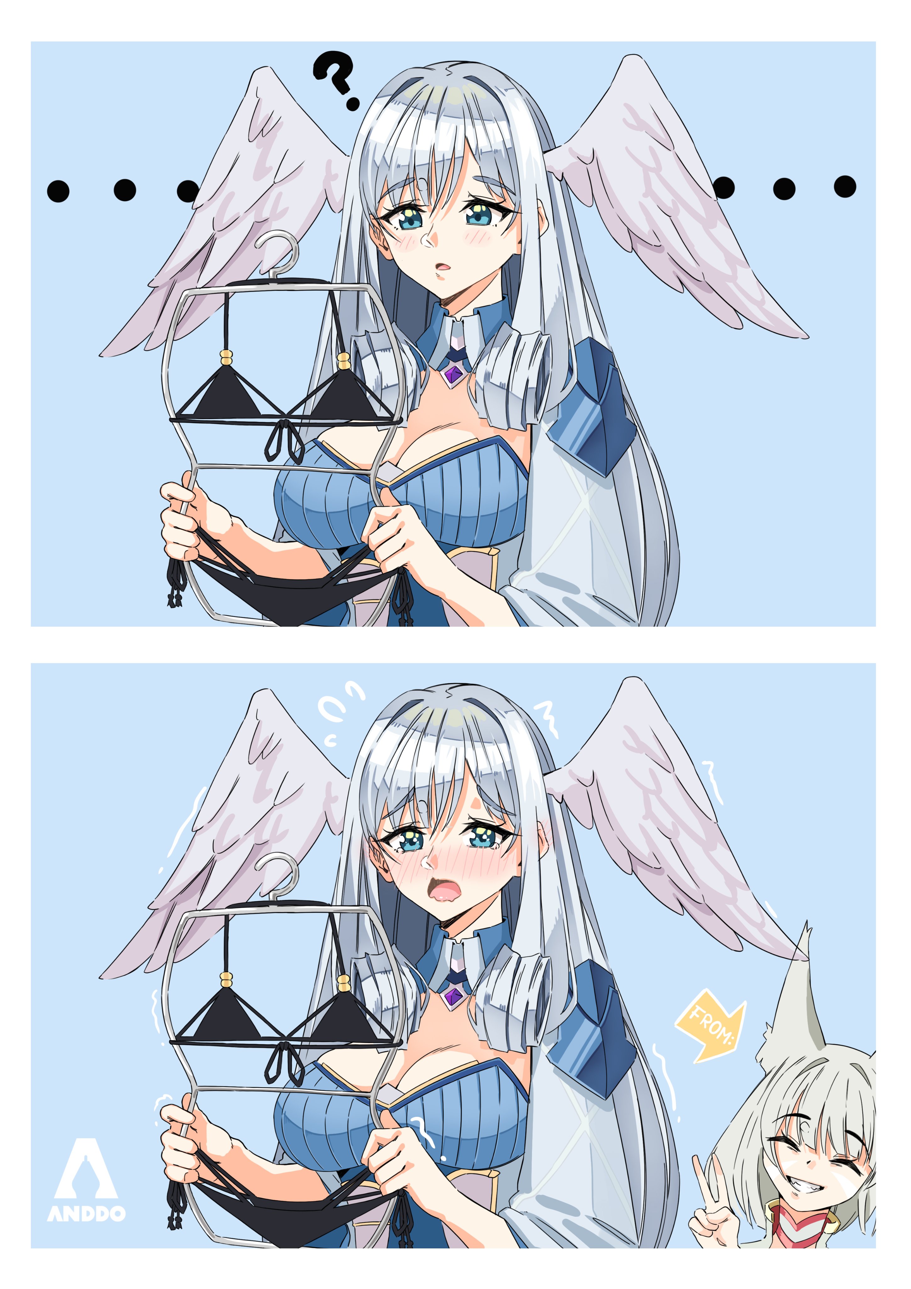 2girls ? absurdres animal_ears bikini black_bikini blue_eyes breasts cleavage flustered grey_hair head_wings highres i_am_anddo melia_antiqua multiple_girls nia_(xenoblade) swimsuit wings xenoblade_chronicles_(series) xenoblade_chronicles_3