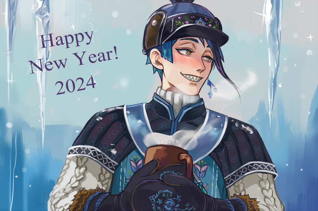 1boy black_hair black_mittens blue_hair blue_hat blush commentary_request cup earrings grin hat holding holding_cup ice icicle jade_leech jewelry looking_to_the_side male_focus mittens mug multicolored_hair russian_commentary sharp_teeth single_earring smile solo steam streaked_hair sweater teeth turtleneck turtleneck_sweater twisted_wonderland two-tone_hair upper_body vasiliy-plumber winter_clothes yellow_eyes