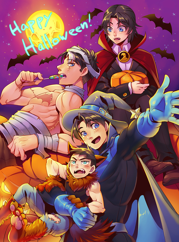 4boys bandages bat_(animal) batman_(series) black_hair blue_eyes blue_gloves blush bodysuit candy cape cosplay cr72 damian_wayne dc_comics denim dick_grayson fangs food frankenstein&#039;s_monster frankenstein&#039;s_monster_(cosplay) full_moon gloves green_eyes halloween halloween_costume happy_halloween hat jack-o&#039;-lantern jason_todd jeans lollipop looking_at_another looking_at_viewer male_focus moon multicolored_hair multiple_boys pants pumpkin scar sky sleeveless smile star_(sky) starry_sky stitches streaked_hair swirl_lollipop tank_top tim_drake torn_clothes two-tone_hair vampire_costume werewolf wizard wizard_hat