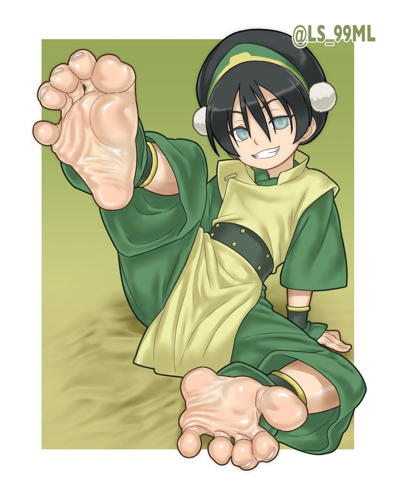 1girl arm_support avatar:_the_last_airbender avatar_legends barefoot black_hair blind feet female_focus foot_focus full_body green_hairband green_pants grin hair_between_eyes hairband leg_up looking_at_viewer paid_reward_available pants pelvic_curtain pom_pom_(clothes) short_hair sitting smile soles solo spread_legs teeth toenails toes toph_beifong tsukimaru_(ls_99ml)
