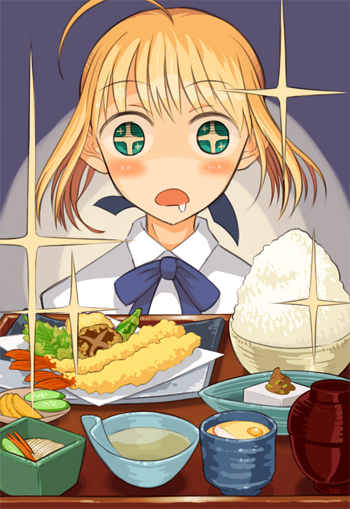 +_+ 1girl ahoge artoria_pendragon_(fate) blonde_hair blue_eyes blue_ribbon blush bowl collared_shirt cucumber cucumber_slice drooling fate/stay_night fate_(series) floating_hair food food_request hair_ribbon looking_at_food meal neck_ribbon open_mouth raised_eyebrows ribbon rice rice_bowl saber_(fate) samaru_(seiga) shirt short_hair shrimp shrimp_tempura sidelocks solo soup sparkle sparkling_eyes tempura tofu tray upper_body white_shirt wide-eyed