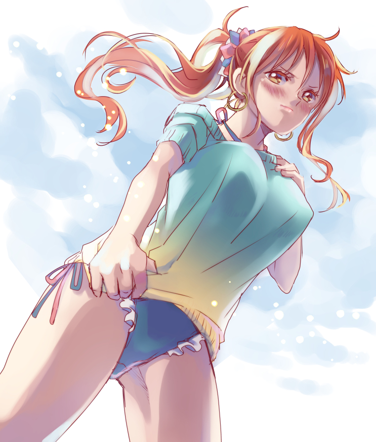 1girl alternate_costume bikini bikini_bottom_only blue_bikini blue_sweater blush brown_eyes closed_mouth clothes_tug cowboy_shot floating_hair frilled_bikini frills from_below gradient_clothes hair_between_eyes hair_ornament halterneck himerinco long_hair looking_at_viewer looking_down nami_(one_piece) off-shoulder_sweater off_shoulder one_piece orange_hair ponytail side-tie_bikini_bottom solo standing sweater sweater_tug swimsuit yellow_sweater