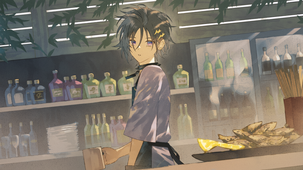 1boy apron black_apron black_hair commentary cup fagi_(kakikaki) fish_(food) food fruit holding holding_cup holostars kanade_izuru lemon lemon_slice short_hair solo virtual_youtuber