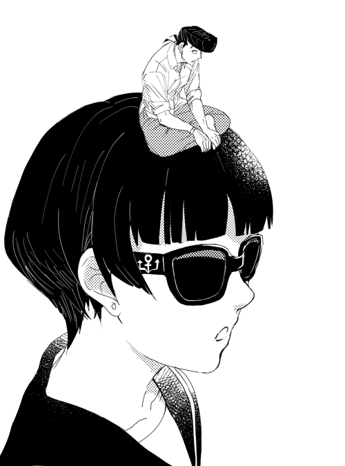 1boy 1girl aged_up collarbone earrings greyscale higashikata_josuke indian_style jewelry jojo_no_kimyou_na_bouken mini_person miniboy monochrome monosashi open_mouth pompadour sailor_collar shizuka_joestar short_hair sitting stud_earrings sunglasses watch wristwatch