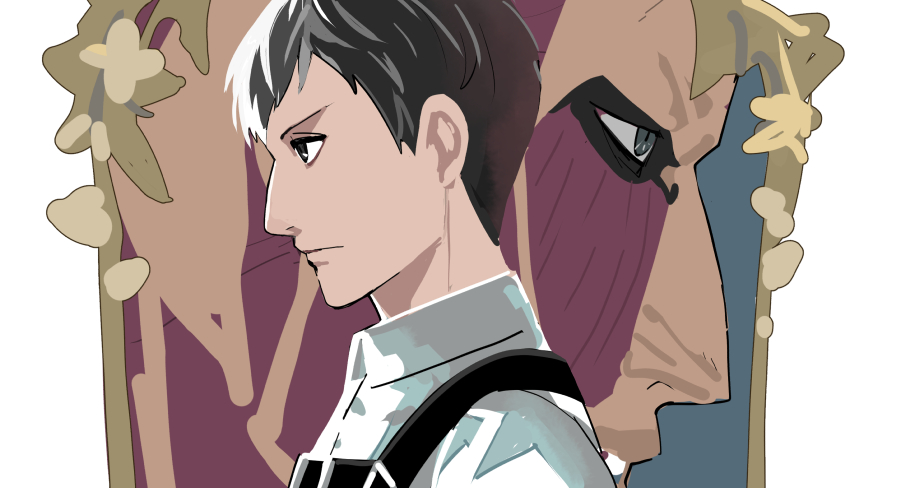 1boy bertolt_hoover brown_eyes brown_hair chest_harness closed_mouth collared_shirt colossal_titan commentary_request grey_eyes harness kima33333 looking_ahead male_focus no_skin profile shingeki_no_kyojin shirt teeth titan_(shingeki_no_kyojin) upper_body white_shirt wing_collar