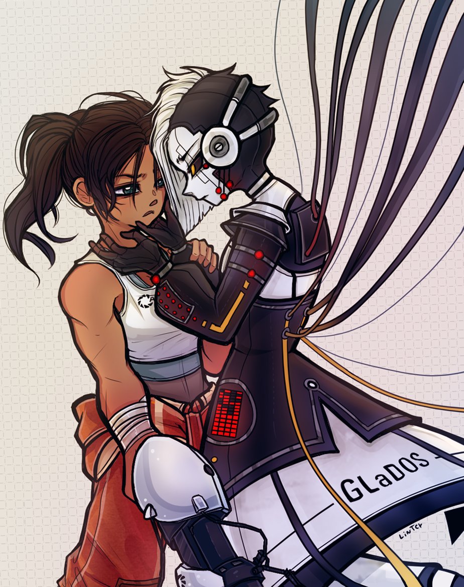 1girl 2girls animification brown_hair cable character_name chell glados humanization jumpsuit linterteatime long_fall_boots long_hair multiple_girls orange_jumpsuit personification ponytail portal portal_(series) portal_2 robot_girl tank_top wire