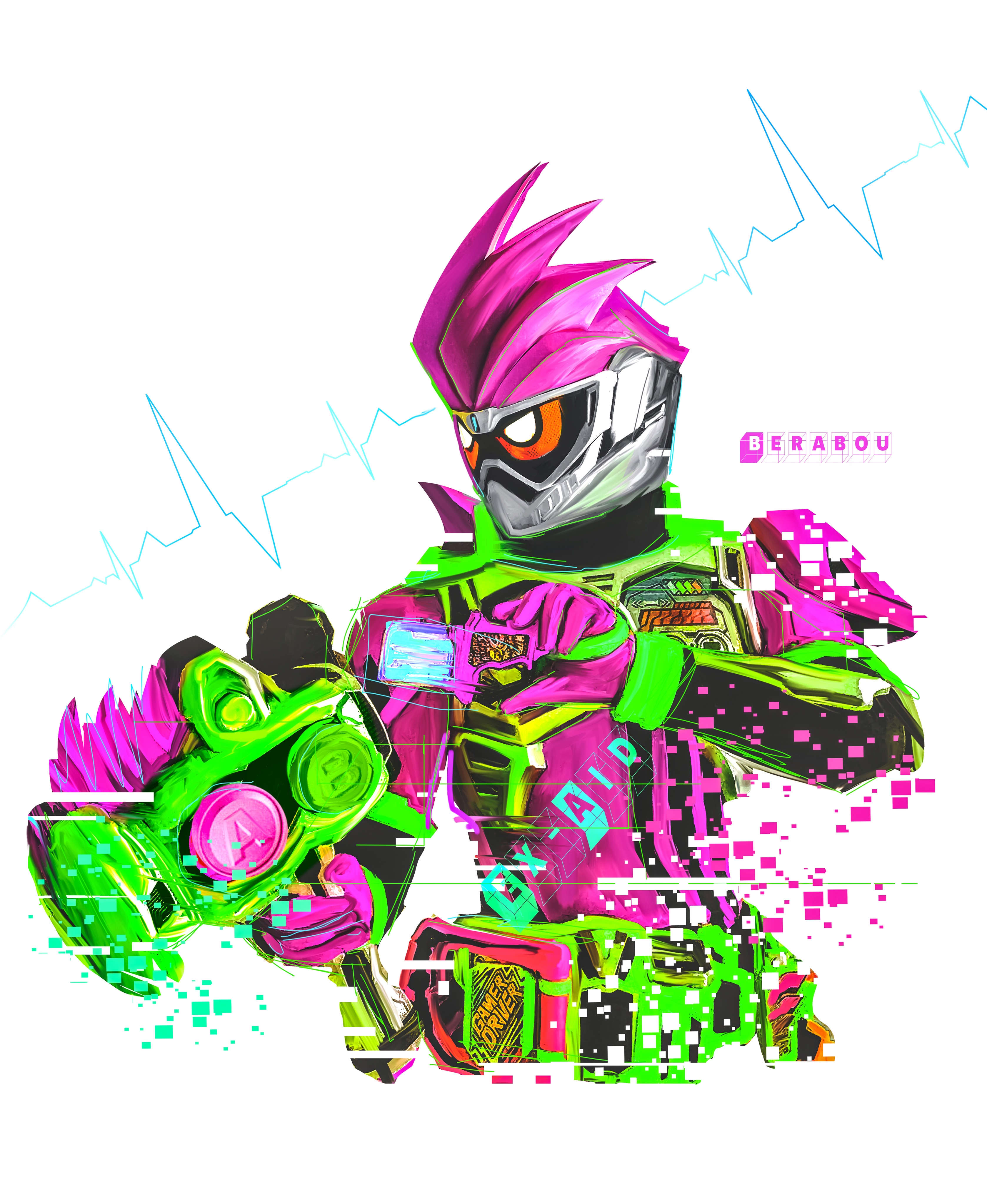 1boy absurdres armor bodysuit gamer_driver green_armor hammer highres holding holding_hammer kamen_rider kamen_rider_ex-aid kamen_rider_ex-aid_(series) male_focus obakelope0530 pink_bodysuit power_armor red_eyes rider_gashat simple_background solo upper_body white_background