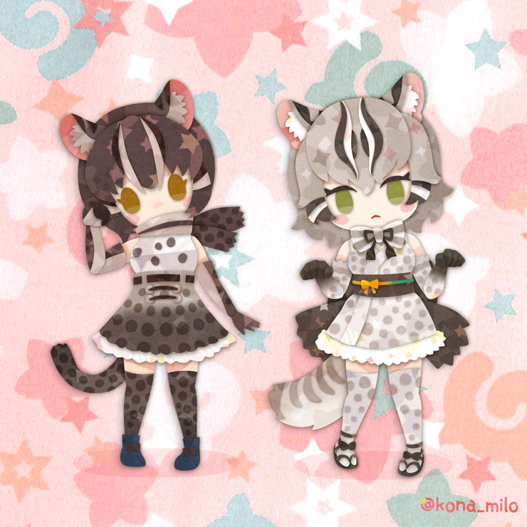 2girls animal_ears belt bow bowtie brown_eyes brown_hair cat_ears cat_girl cat_tail elbow_gloves extra_ears gloves green_eyes grey_hair iriomote_cat_(kemono_friends) japanese_clothes kemono_friends kemono_friends_3 kikuchi_milo kimono kneehighs looking_at_viewer multiple_girls scarf shirt shoes short_hair simple_background skirt sleeveless sleeveless_shirt socks tail tsushima_leopard_cat_(kemono_friends)