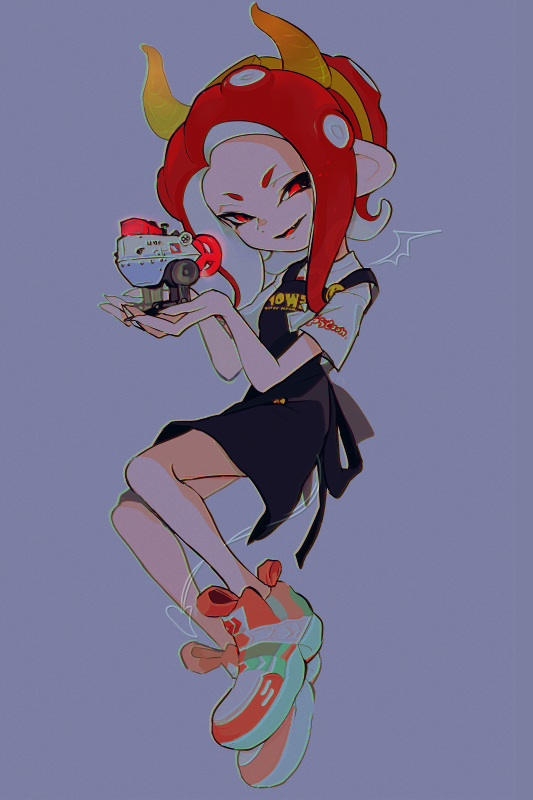 1girl apron autobomb_(splatoon) black_apron fake_horns fingernails full_body hairband holding horn_hairband horns imaikuy0 invisible_chair medium_hair nintendo octoling octoling_girl octoling_player_character open_mouth orange_hairband parted_bangs pink_shoes purple_background red_eyes red_hair sharp_fingernails shirt shoes short_sleeves sitting smile sneakers solo splatoon_(series) t-shirt tentacle_hair white_shirt