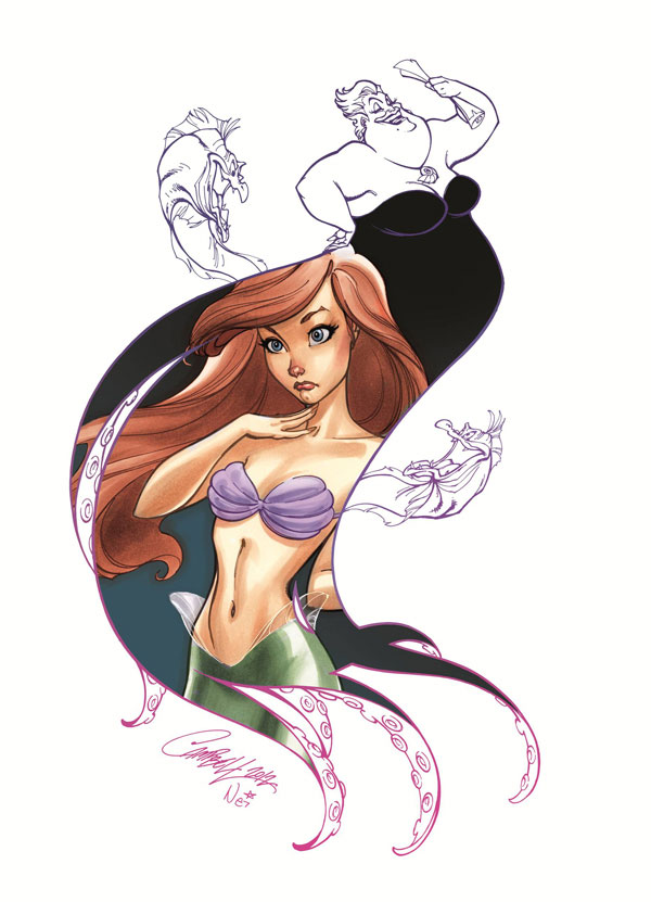 2boys 2girls ariel_(disney) blue_eyes commentary double_exposure eel english_commentary flotsam_(disney) hand_on_own_neck j._scott_campbell jetsam_(disney) jewelry long_hair mermaid monster_girl multiple_boys multiple_girls navel necklace red_hair shell shell_bikini shell_necklace tentacles the_little_mermaid_(disney) ursula_(disney)