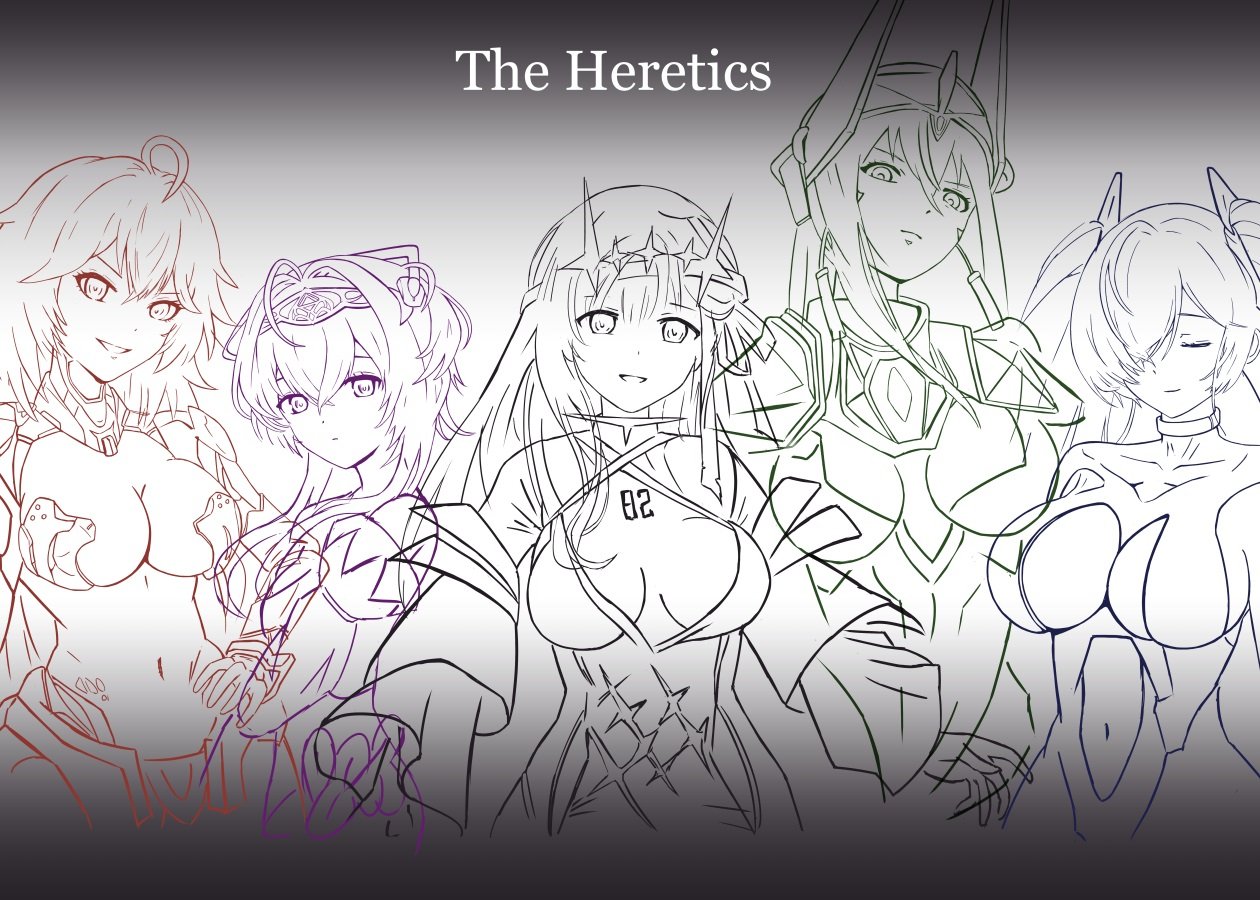 5girls :d ahoge armor armored_leotard bodysuit boobplate breastplate breasts cinderella_(nikke) closed_eyes detached_sleeves diadem dress frown goddess_of_victory:_nikke grin hair_ribbon headband headgear horns indivilia_(nikke) large_breasts leotard liberalio_(nikke) long_hair lunati_nikke marian_(nikke) mechanical_horns modernia_(nikke) modernia_(second_affection)_(nikke) monochrome multiple_girls navel nihilister_(nikke) official_alternate_costume open_mouth ribbon short_hair sketch smile twintails