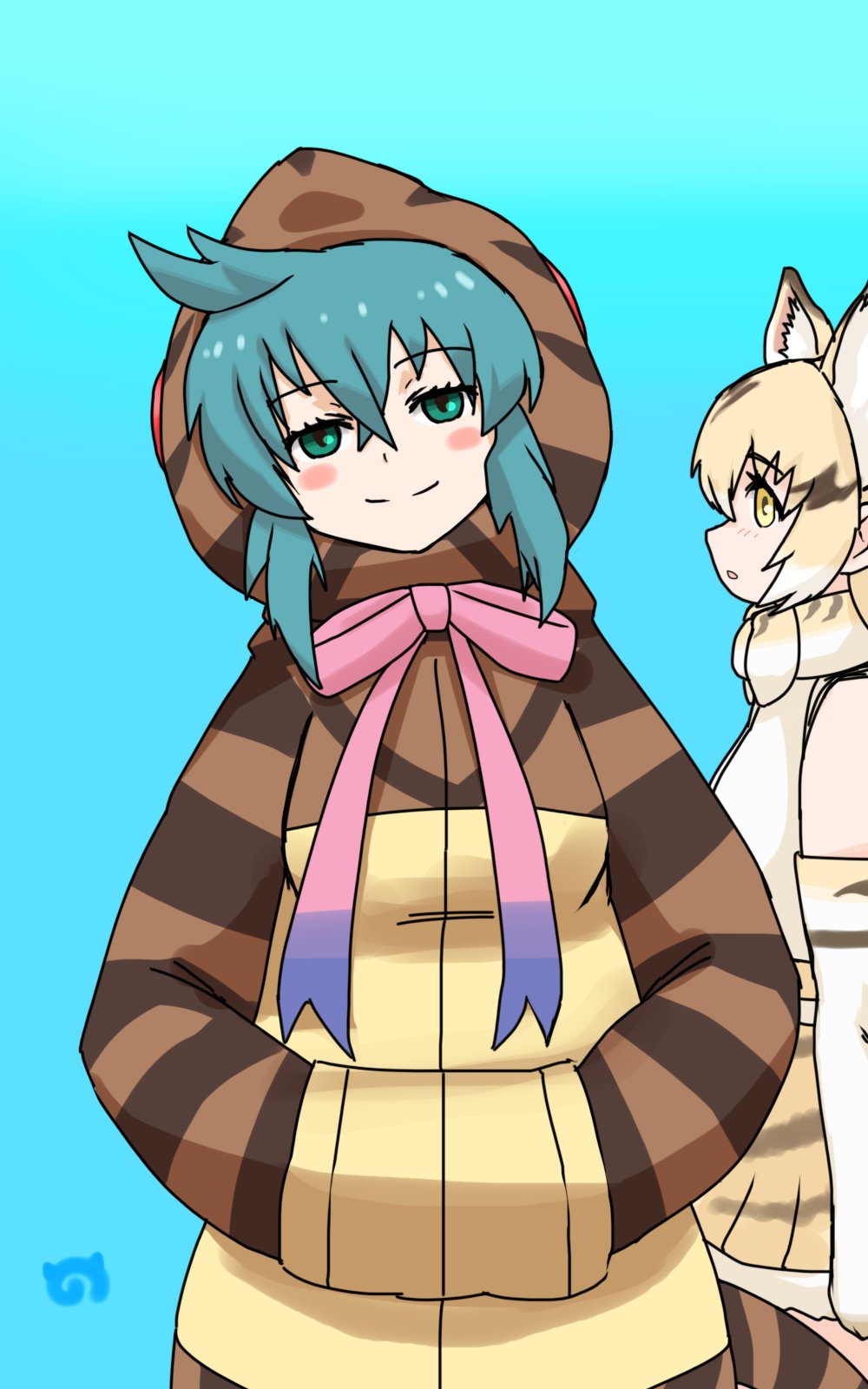 2girls animal_ears animal_print aqua_hair bare_shoulders blonde_hair blush bow bowtie cat_ears elbow_gloves gloves gradient_neck_ribbon gradient_ribbon hair_between_eyes hands_in_pockets highres hood hood_up hoodie kemono_friends kusamogura long_sleeves looking_at_viewer multicolored_hair multiple_girls neck_ribbon open_mouth pink_ribbon print_bow print_bowtie ribbon sand_cat_(kemono_friends) shirt short_hair skirt sleeveless smile snake_print snake_tail striped_clothes striped_hoodie striped_tail tail tsuchinoko_(kemono_friends) yellow_eyes