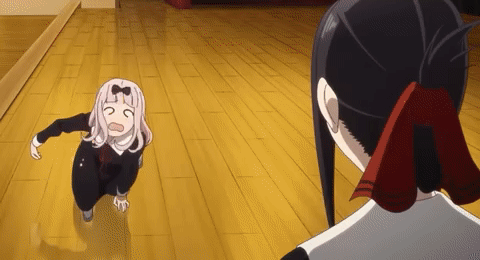 2girls animated animated_gif between_breasts black_hair blush bow breasts closed_eyes crying english_text face_to_breasts fujiwara_chika hair_bow head_between_breasts japanese_text kaguya-sama_wa_kokurasetai_~tensai-tachi_no_renai_zunousen~ lowres multiple_girls open_mouth pink_hair shinomiya_kaguya smother