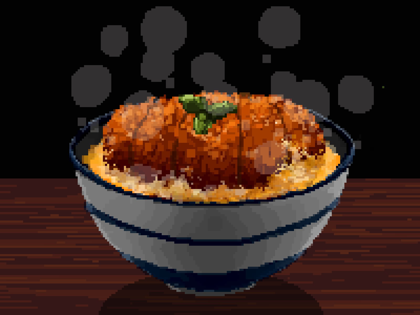 bowl char-siu food food_focus garnish highres hisachan55cute no_humans noodles on_table original pixel_art ramen simple_background steaming_food still_life table wooden_table