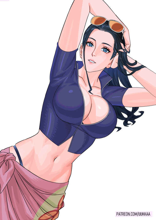 1girl arms_up blue_eyes blue_jacket breasts cleavage collarbone crop_top cropped_jacket eyewear_on_head floral_print hands_on_own_head highleg highleg_panties jacket large_breasts long_hair looking_at_viewer midriff navel nico_robin nico_robin_(return_to_sabaody) one_piece orange-tinted_eyewear paid_reward_available panties parted_lips patreon_username pink_sarong popped_collar print_jacket sarong short-sleeved_jacket short_sleeves simple_background single_sidelock skindentation solo sunglasses tinted_eyewear underwear upper_body uukkaa white_background