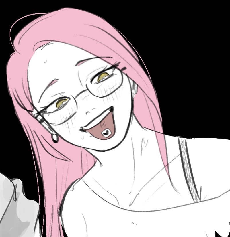 1girl alien_stage black_background bra_strap glasses long_hair mizi_(alien_stage) motii partially_colored pink_hair shirt single_off_shoulder solo tongue tongue_out