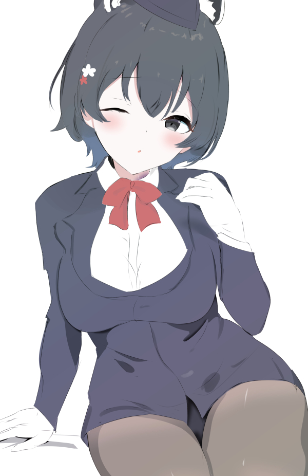 1girl :o ;o animal_ears bear_ears bear_girl black_jacket black_panties blazer blue_archive blush bow bowtie cowboy_shot dot_nose gloves grey_eyes grey_hair grey_pantyhose hand_up jacket long_sleeves looking_at_viewer no_pants official_alternate_costume one_eye_closed panties pantyhose parted_lips raifu_(rf) red_bow red_bowtie short_hair simple_background sitting sketch solo travel_attendant tsubaki_(blue_archive) tsubaki_(guide)_(blue_archive) underwear unfinished white_background white_gloves