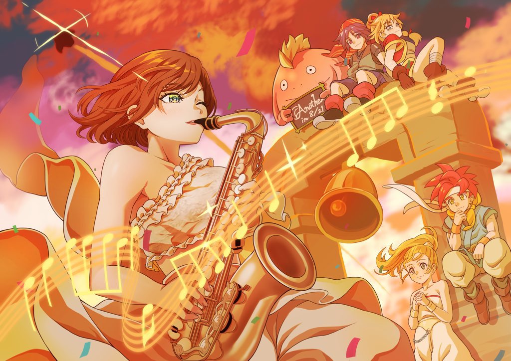 2boys 3girls bell blonde_hair blue_eyes blue_hair breasts chrono_cross chrono_trigger closed_mouth cloud crono_(chrono_trigger) crop_top gloves high_ponytail instrument jewelry kid_(chrono_cross) long_hair marle_(chrono_trigger) medium_breasts multi-tied_hair multiple_boys multiple_girls musical_note necklace nu_(chrono_trigger) ponytail ryuusei_(trickster) saxophone serge_(chrono_cross) short_hair skirt small_breasts smile vest