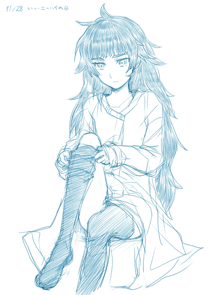 1girl ahoge coat dated highres hiyajou_maho kneehighs kneehighs_pull long_hair looking_down menomorute messy_hair monochrome putting_on_legwear sitting sketch socks solo steins;gate steins;gate_0 tagme thighhighs very_long_hair zettai_ryouiki