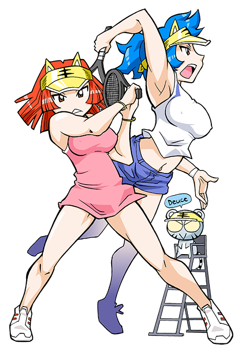 2girls alternate_costume alternate_hairstyle amu_ru animal_ear_headwear animal_ears aqua_hair arm_behind_head arm_up armpits bare_arms bare_legs bare_shoulders benga_ru black_outline black_tail blue_shorts breasts brown_eyes chair closed_mouth colored_sclera covered_erect_nipples cub denim denim_shorts dress facing_viewer fake_animal_ears full_body hair_tie_on_wrist hat holding holding_racket holding_tennis_racket large_breasts legs legs_apart legs_up looking_ahead looking_at_viewer medium_hair midriff mukku_(mook-tv) multiple_girls navel no_socks official_art on_chair open_hand open_mouth orange_hair outline pink_dress playing_sports profile racket second-party_source serious shirt short_dress short_shorts shorts siblings simple_background sisters sitting sleeveless sleeveless_dress spiked_hair sportswear standing straight_hair striped_fur striped_hat striped_tail tail teeth tennis tennis_dress tennis_racket tennis_uniform thighs tiger tiger_ears tongue tora_da_yo. toranoana tsurime umpire umpire_chair upper_teeth_only visor_cap white_background white_fur white_shirt white_tail white_trim wristband yellow_hat yellow_sclera