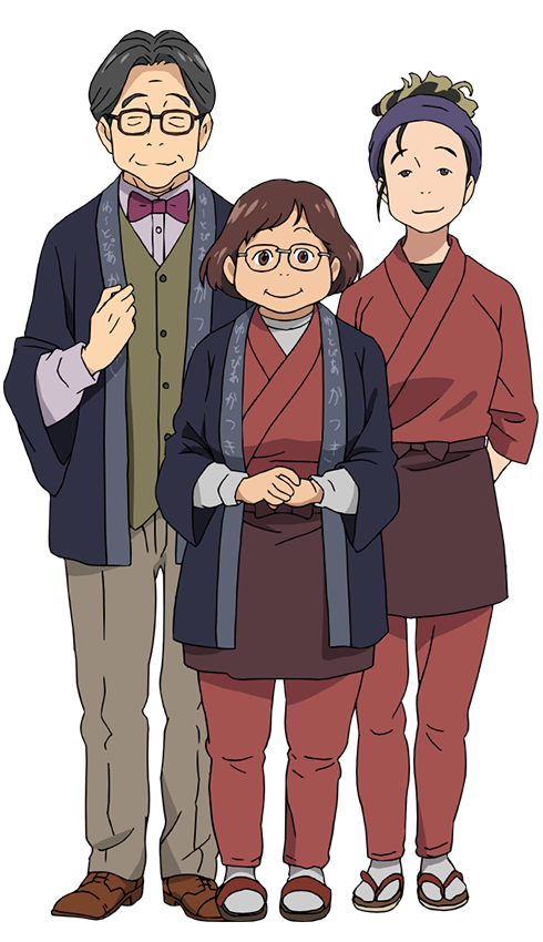 10s 1boy 2girls apron artist_request blonde_hair bow bowtie brown_eyes brown_hair closed_eyes family full_body glasses grey_hair hanten_(clothes) japanese_clothes katsuki_hiroko katsuki_mari katsuki_toshiya multicolored_hair multiple_girls official_art sandals smile transparent_background waist_apron yuri!!!_on_ice