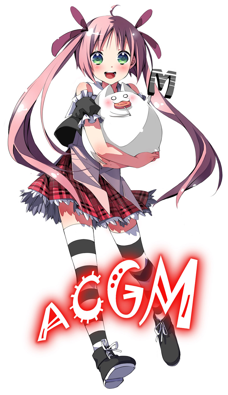 1girl :d ahoge candy carrying dekatanaba food full_body green_eyes hair_ornament highres holding lollipop long_hair looking_at_viewer open_mouth original pink_hair pleated_skirt shoes skirt smile striped_clothes striped_thighhighs thighhighs twintails zettai_ryouiki