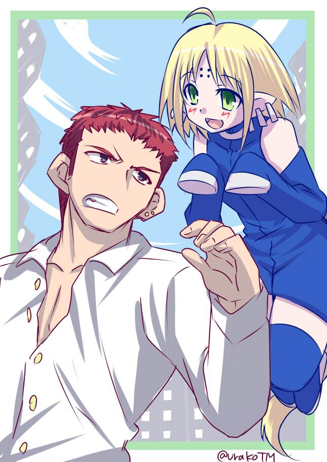 00s 1boy 1girl ahoge bad_id bad_twitter_id black_eyes blonde_hair blush detached_sleeves earrings green_eyes hooves horse_tail inui_arihiko jewelry kagetsu_tooya nanako nanako_(tsukihime) piercing pointy_ears red_hair school_uniform short_hair smile stud_earrings tail tan tsukihime urako