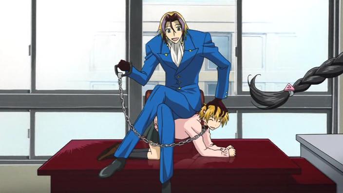 00s blonde_hair dog formal_clothes katsuragi_yako majin_tantei_nougami_neuro master multicolored_hair nougami_neuro smile