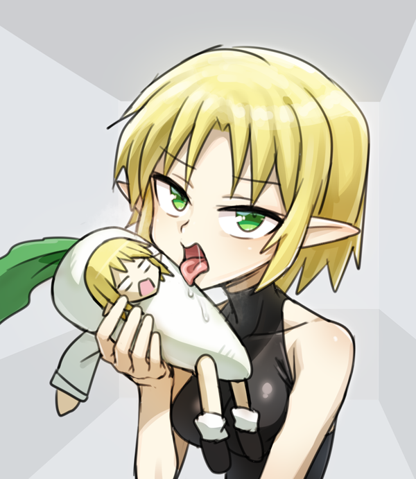 1girl black_shirt blonde_hair blush breasts commentary_request cookie_(touhou) daikon food green_eyes grey_background jigoku_no_soko_de_coffee_wo_nomu_neko joker_(cookie) licking looking_at_viewer medium_breasts mizuhashi_parsee open_mouth pointy_ears radish shirt short_hair sleeveless sleeveless_shirt solo tongue touhou upper_body