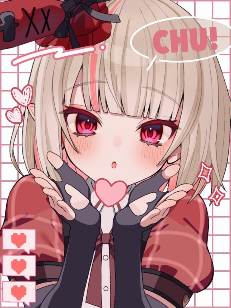 1girl amano35697 black_bow black_gloves blowing_kiss blunt_bangs blush bob_cut bow clothing_cutout colored_inner_hair dress elbow_gloves fingerless_gloves glove_cutout gloves grey_hair grid_background hands_up hat hat_bow heart heart_cutout idol_clothes looking_at_viewer makaino_ririmu medium_hair mini_hat multicolored_hair nijisanji official_alternate_costume official_alternate_hairstyle parted_lips pink_hair plaid_clothes plaid_dress plaid_sleeves pointy_ears portrait puffy_short_sleeves puffy_sleeves rabbit_ear_headwear red_dress red_eyes red_sleeves short_sleeves solo speech_bubble streaked_hair virtual_youtuber white_background