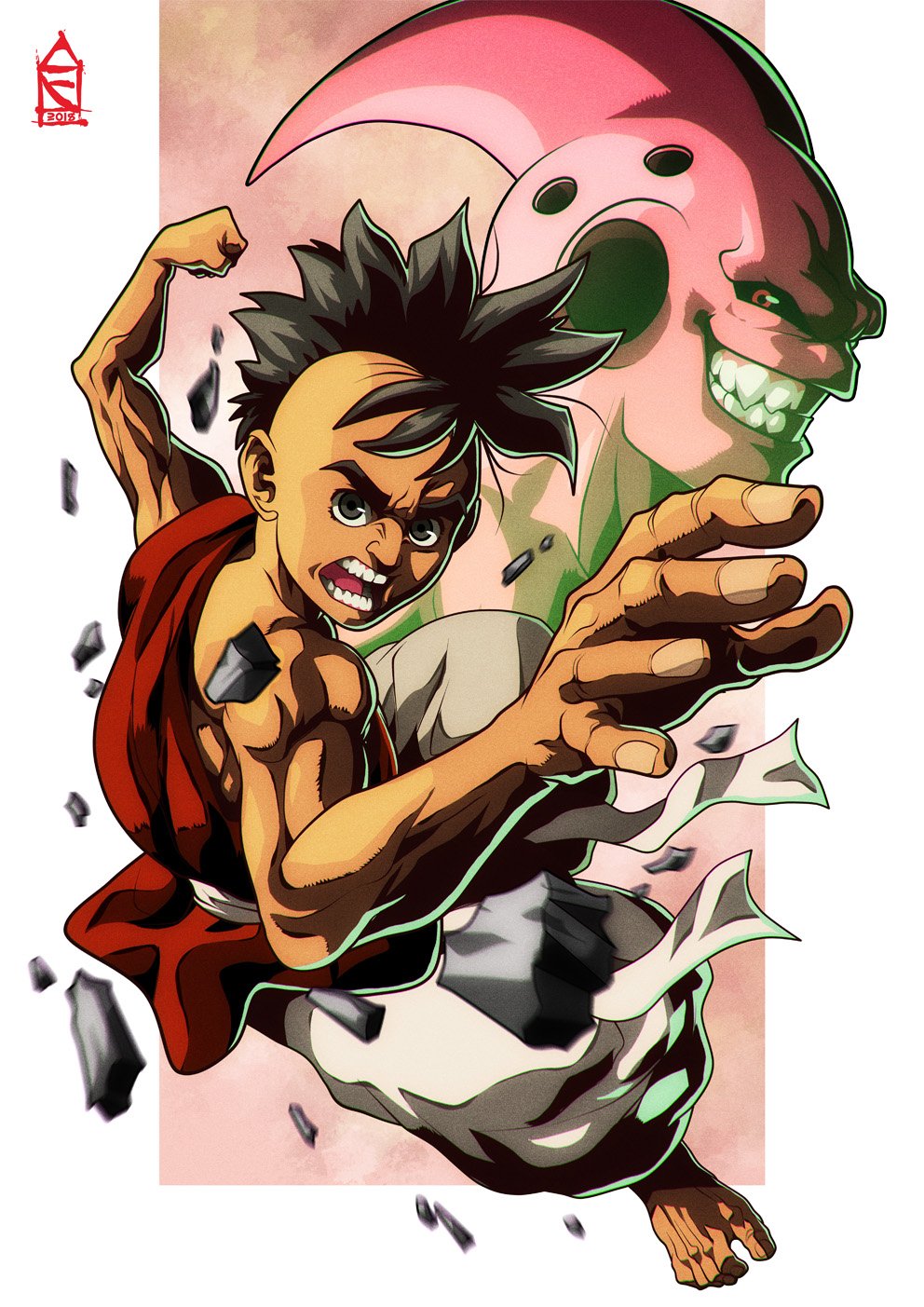 angry black_eyes black_hair colored_skin dragon_ball fighting_stance highres kid_buu majin_buu open_mouth pink_skin red_eyes reincarnation serious smile tagme uub