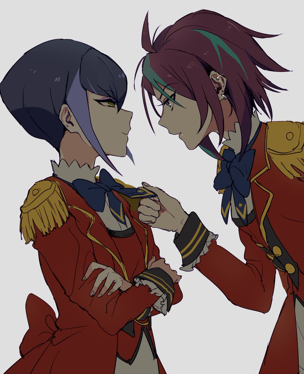 2girls aikatsu!_(series) aikatsu_stars! bad_id bad_twitter_id black_hair blue_bow blue_bowtie blue_hair bow bowtie closed_mouth clothes_grab crossed_arms epaulettes face-to-face from_side green_eyes grey_background hand_up hibiki_anna highres image_sample jacket long_sleeves looking_at_another multicolored_hair multiple_girls profile purple_hair red_hair red_jacket s4_uniform shiontaso short_hair simple_background smile streaked_hair twitter_sample upper_body yachigusa_momoko
