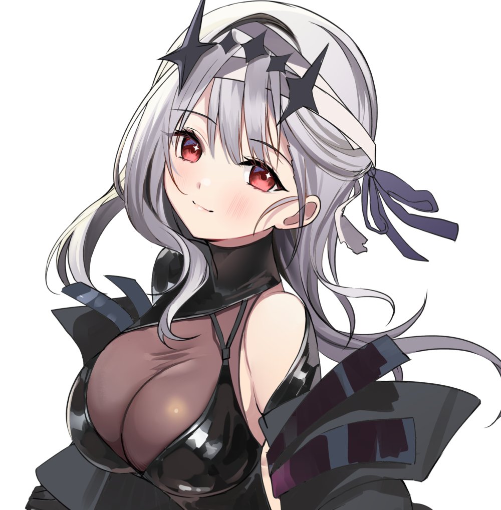 1girl bandaged_head bandages black_dress black_tiara blush breasts cleavage closed_mouth commentary dress english_commentary goddess_of_victory:_nikke grey_hair large_breasts long_hair modernia_(nikke) modernia_(second_affection)_(nikke) official_alternate_costume red_eyes ry_thae simple_background smile solo tiara upper_body white_background