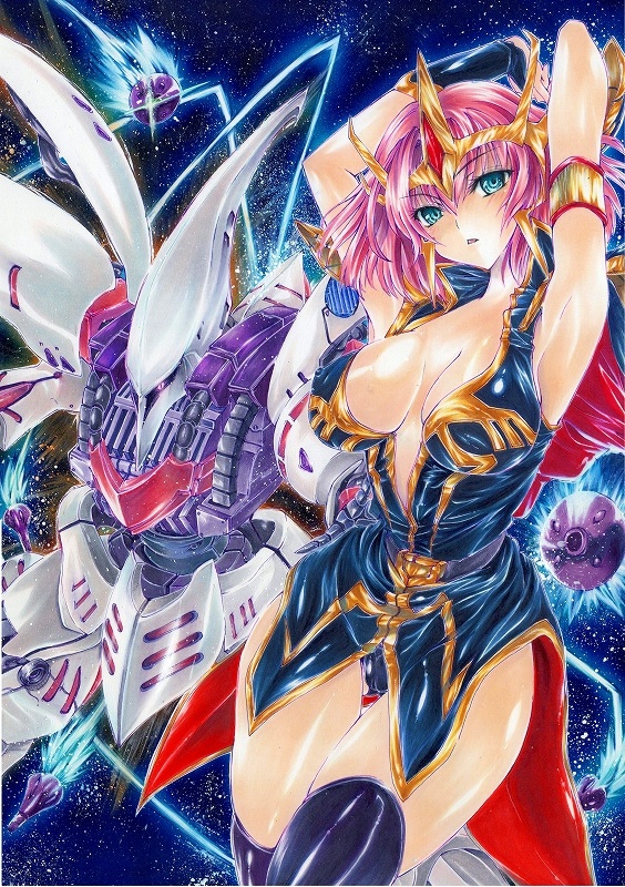 1girl blue_eyes breasts cleavage funnels_(gundam) gundam gundam_zz haman_karn mecha pink_hair qubeley robot sikitan space thighs