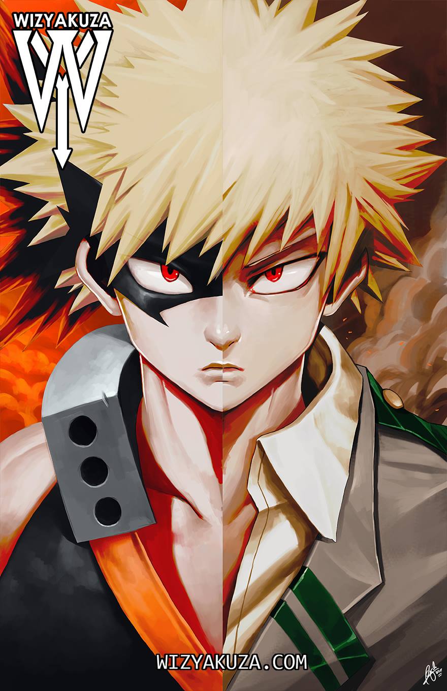 10s 1boy artist_name bakugou_katsuki blonde_hair boku_no_hero_academia collarbone domino_mask dual_persona highres male_focus mask red_eyes school_uniform serious signature smoke solo split_theme watermark web_address wizyakuza